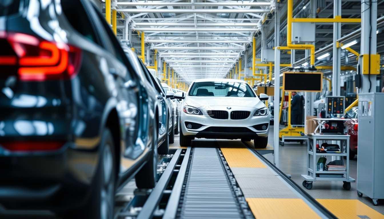 在汽車工廠的輸送線上裝配汽車。在輸送線上裝配汽車